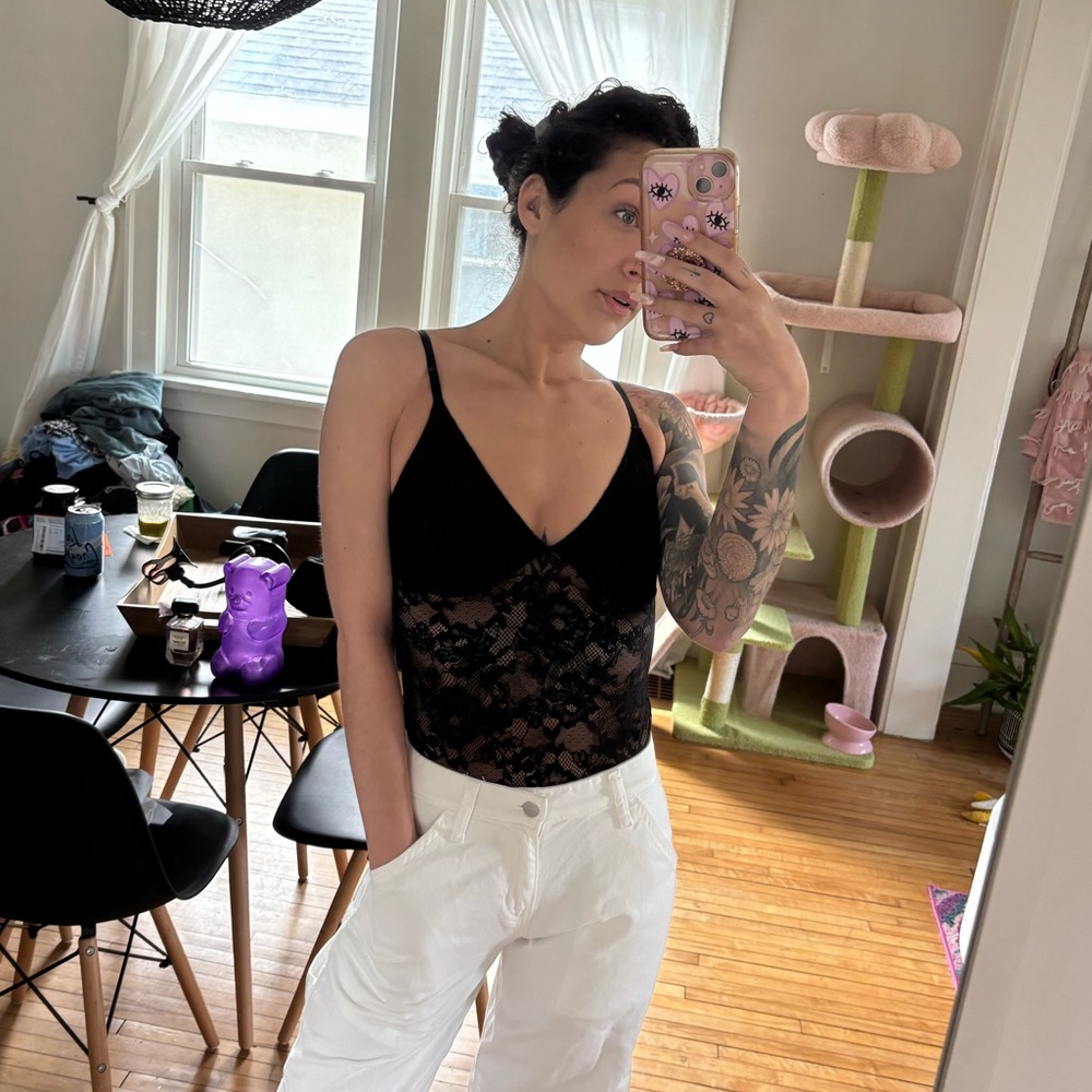 Sheer Black Lace V-Neck Bodysuit - Picture 1 of 3